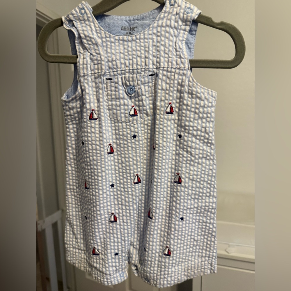 Matching smocked sailboat romper and hat